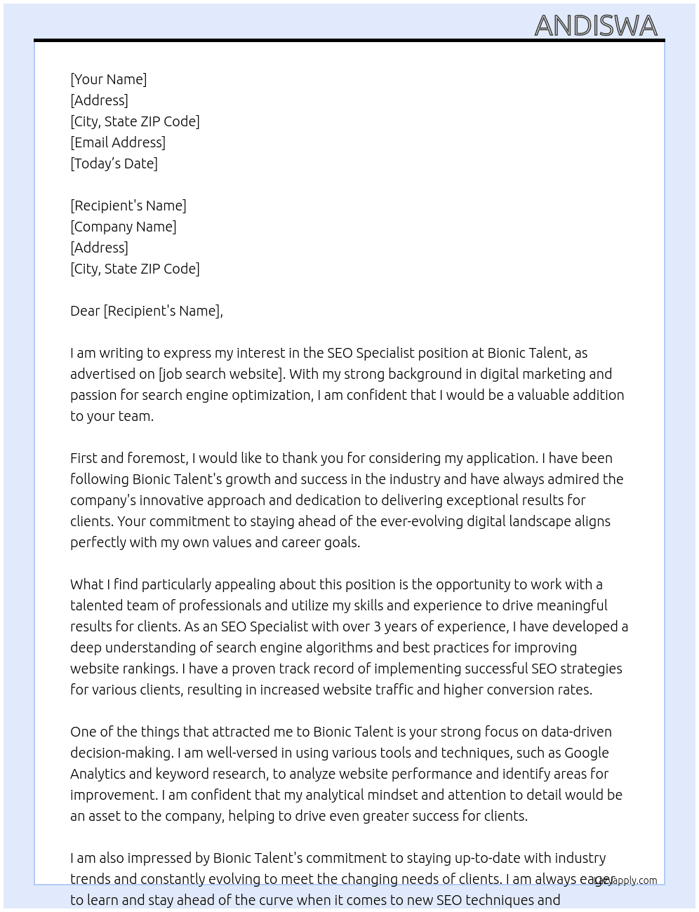 SEO Specialist At  Bionic Talent Cover Letter