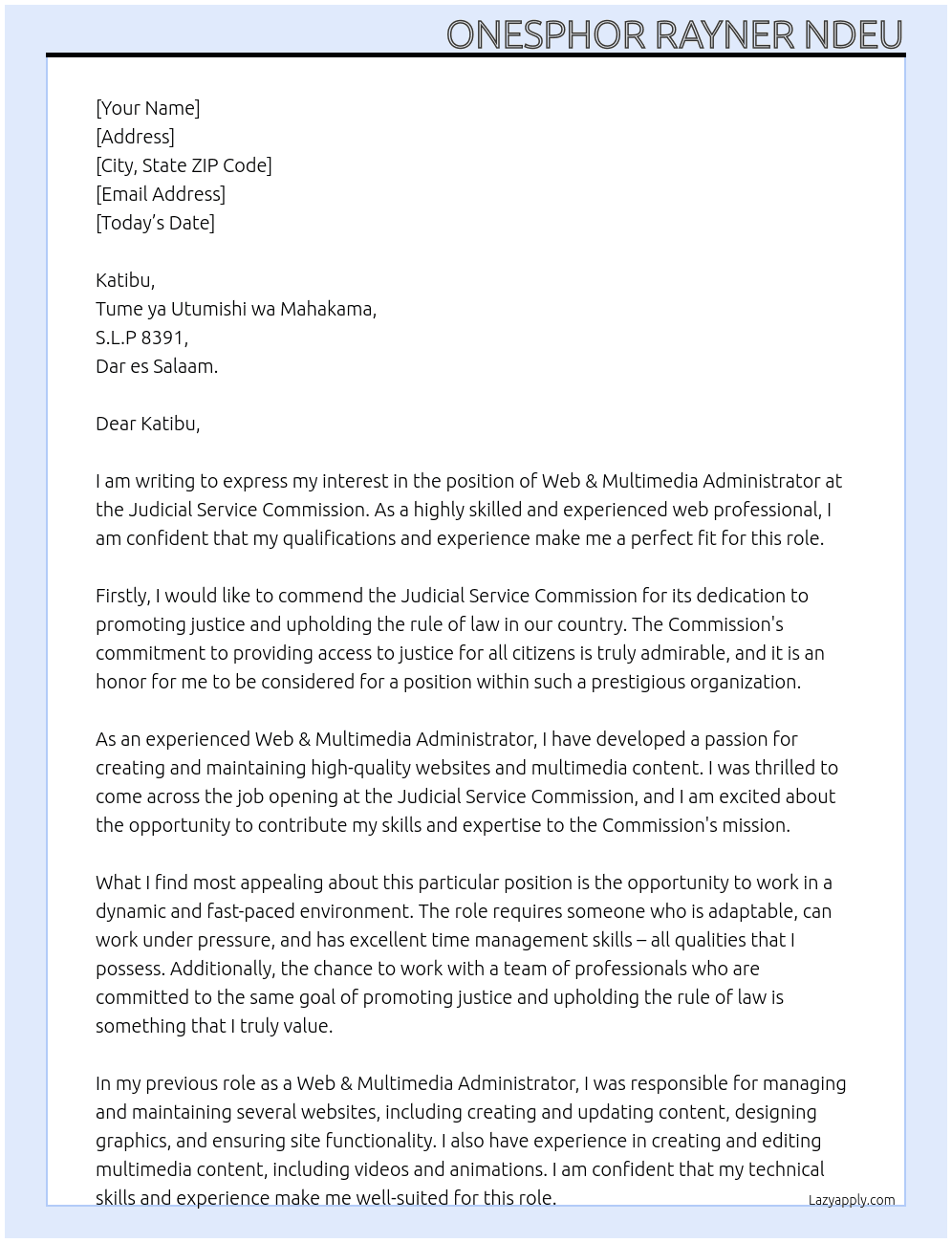 WEB & MULTIMEDIA ADMINISTRATOR At Judicial Service Commission Cover Letter