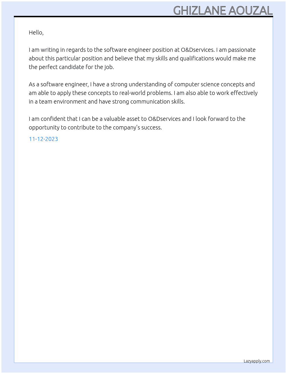 software engineer At o&dservices Cover Letter