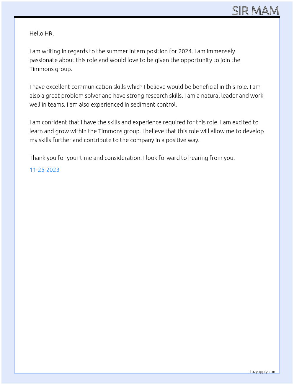 summer intern 2024 At Timmons group plano TX Cover Letter