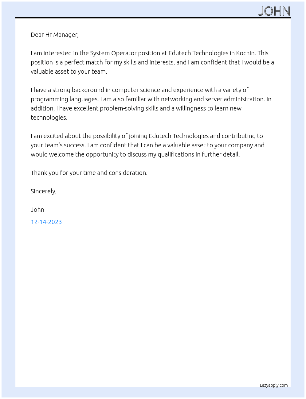 System Operator At Edutech Technologies, Kochin Cover Letter