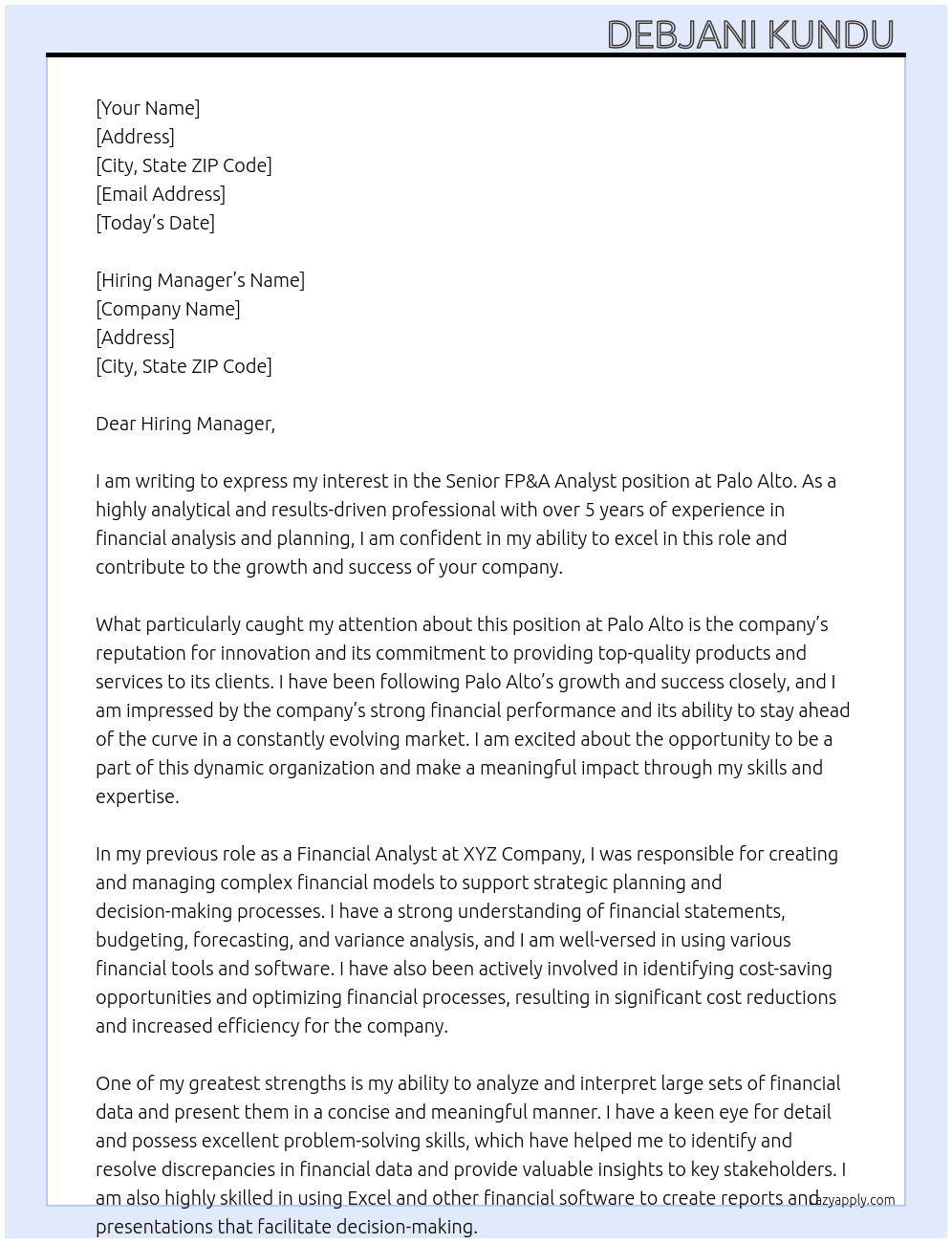 Senior FP&A Analyst At Palo Alto Cover Letter
