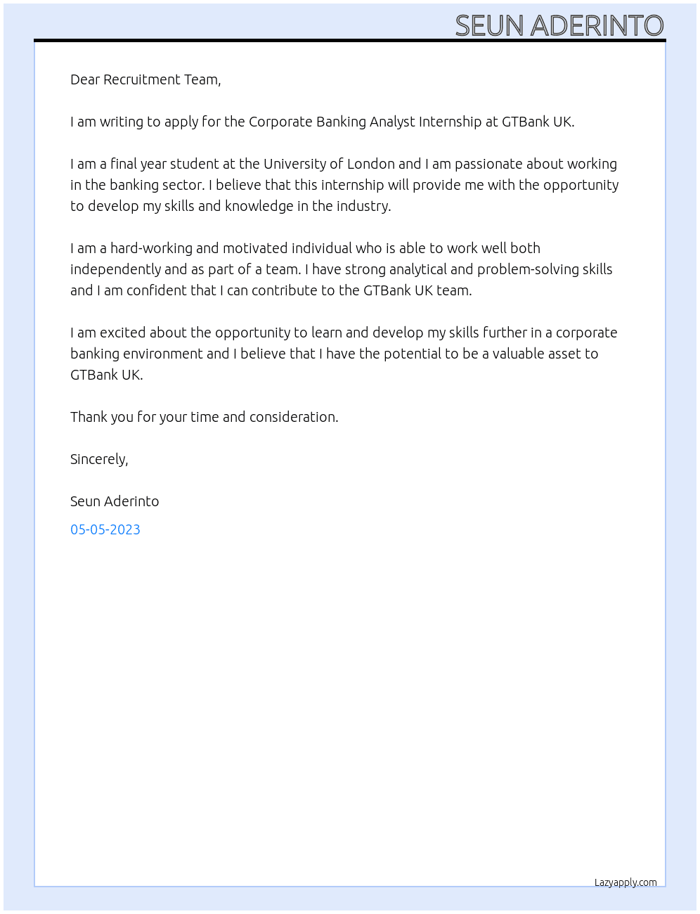 Corporate Banking Analyst Internship At GTBank UK Cover Letter