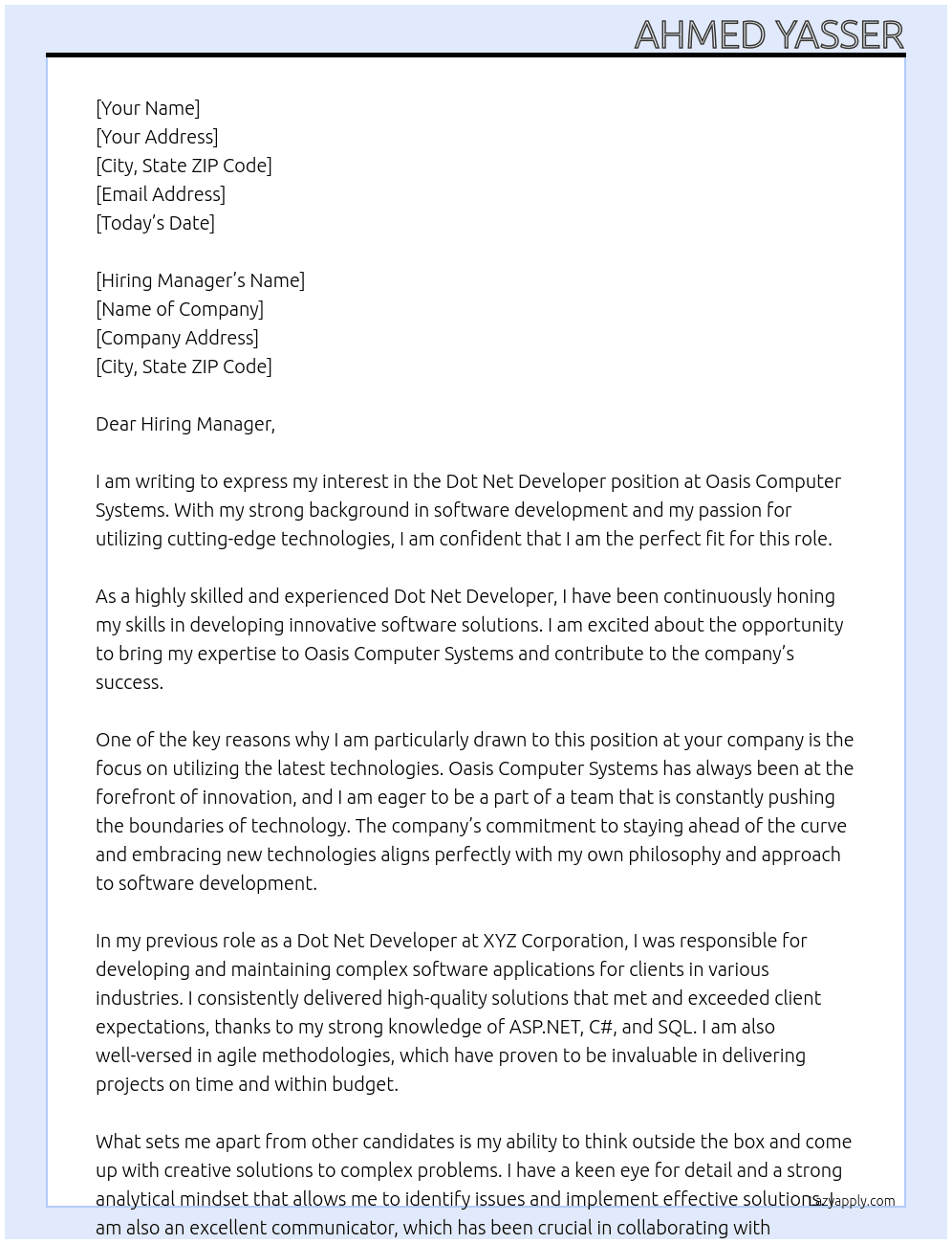 Dot Net Developer At Oasis Computer Systems Cover Letter
