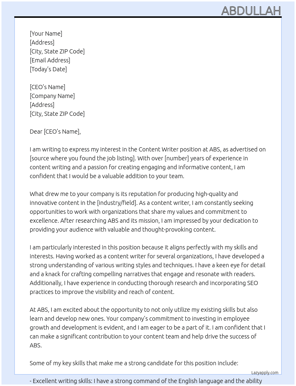 content writer At ABS Cover Letter