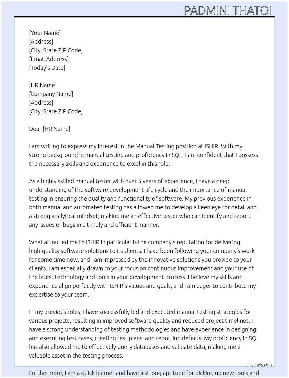 Manual Testing  At ISHIR Cover Letter