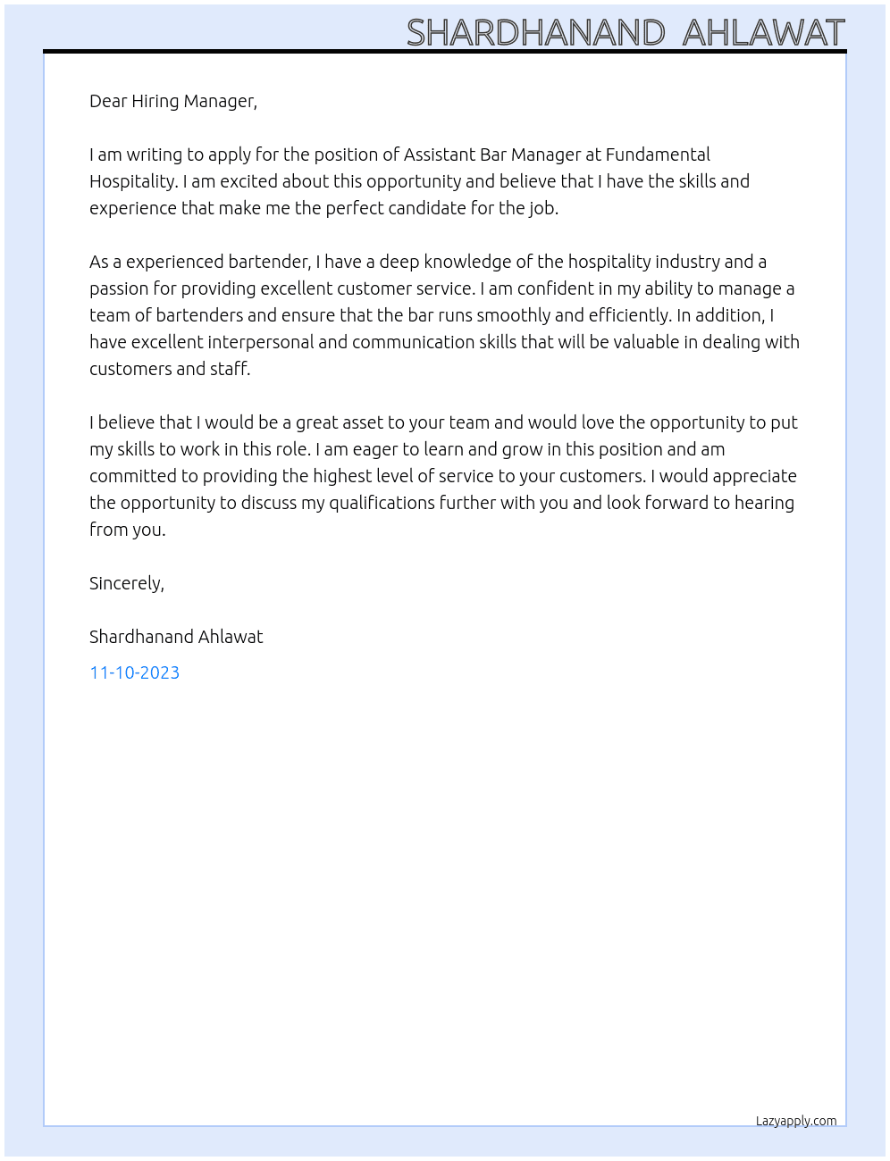 Assistant Bar Mnager At fundamental hospitality  Cover Letter