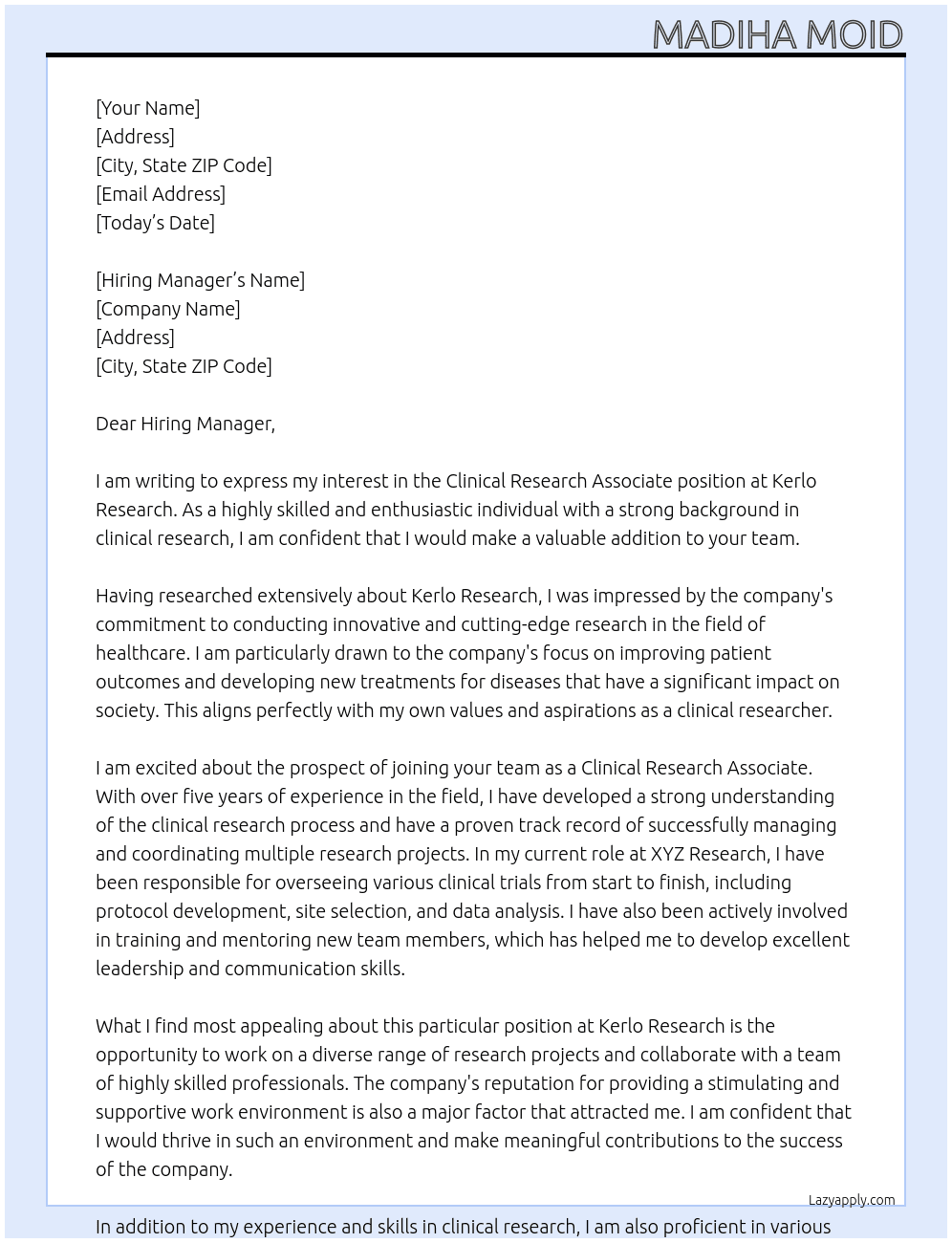 Clinical Research Associate At Kerlo Research Cover Letter