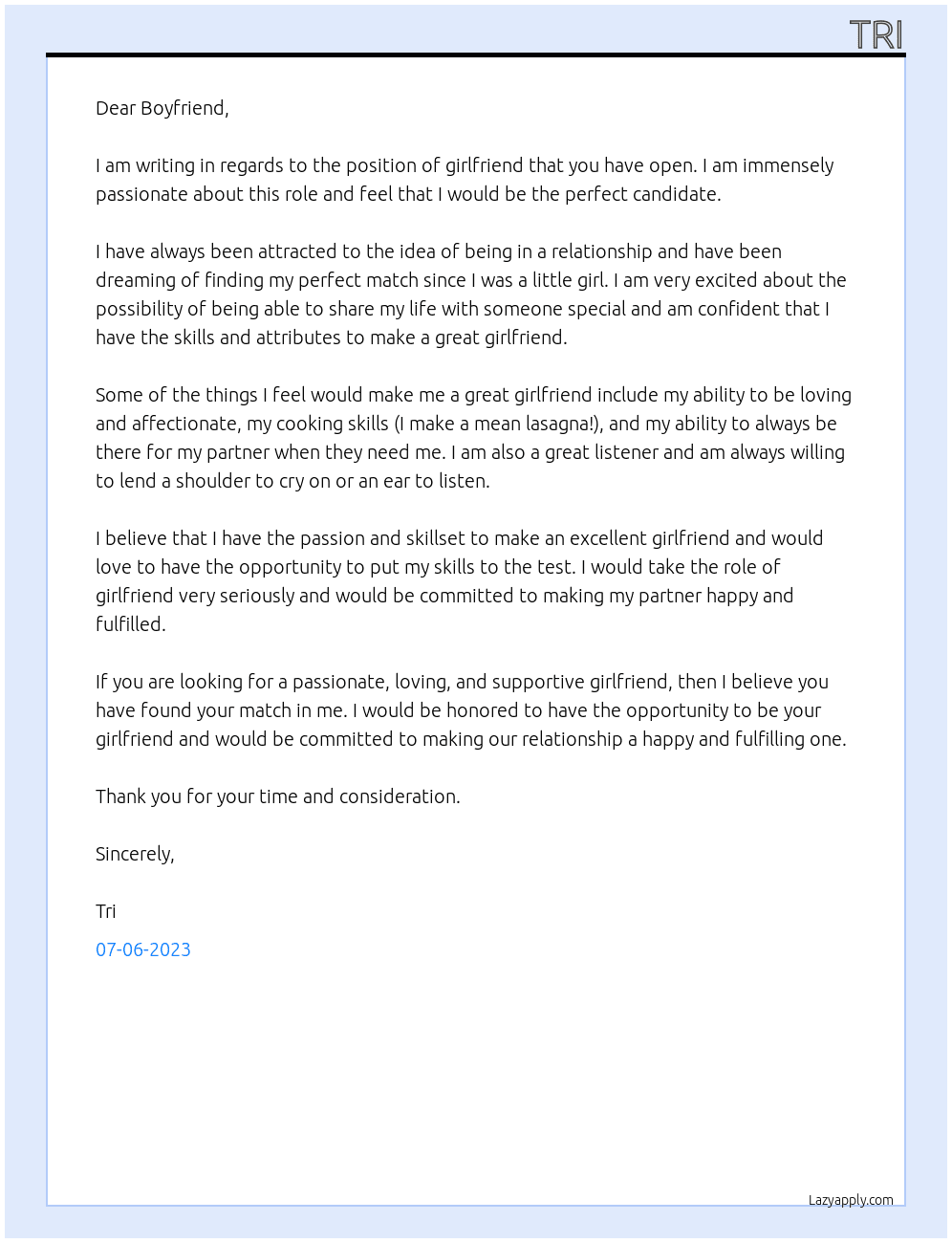 Girlfriend  At Boyfriend  Cover Letter