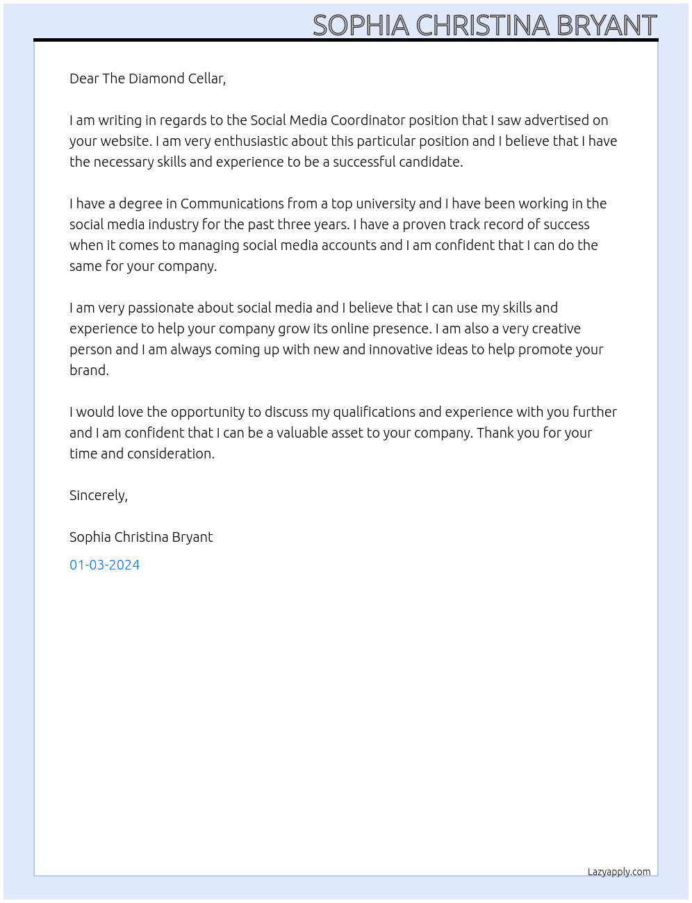 Social Media Coordinator  At The Diamond Cellar Cover Letter