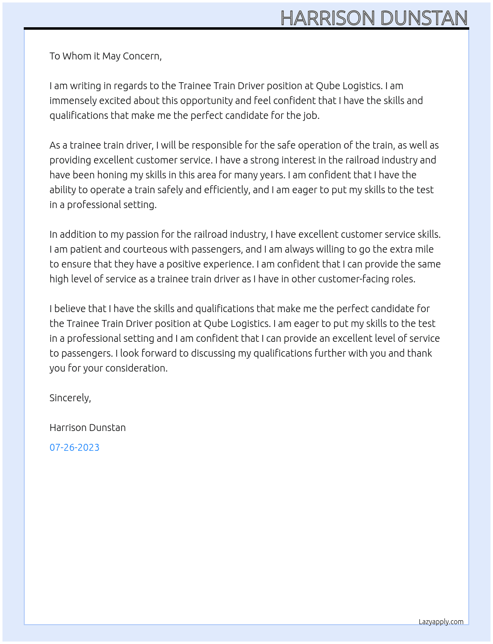 Trainee train driver At Qube Logisitcs Cover Letter
