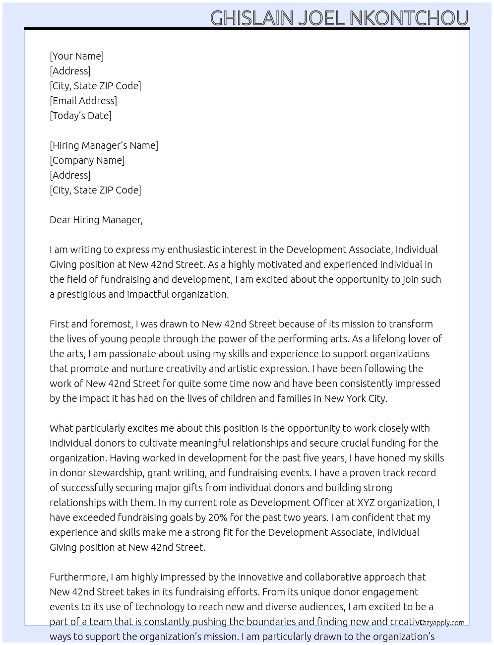 Development Associate, Individual Giving At New 42nd Street Cover Letter