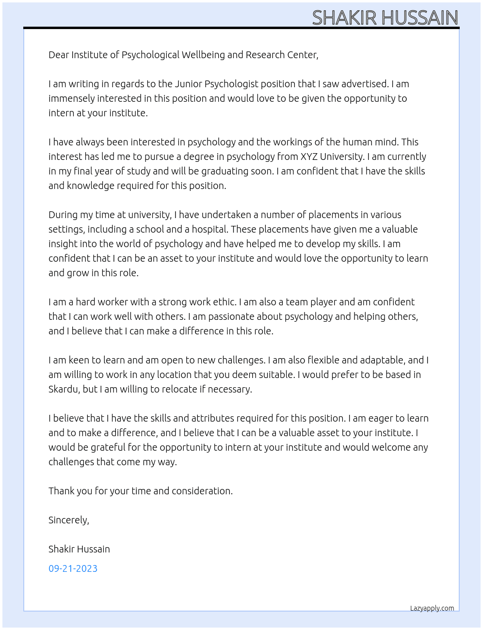Junior Psychologist At institute  of psychological wellbeing and research center Cover Letter