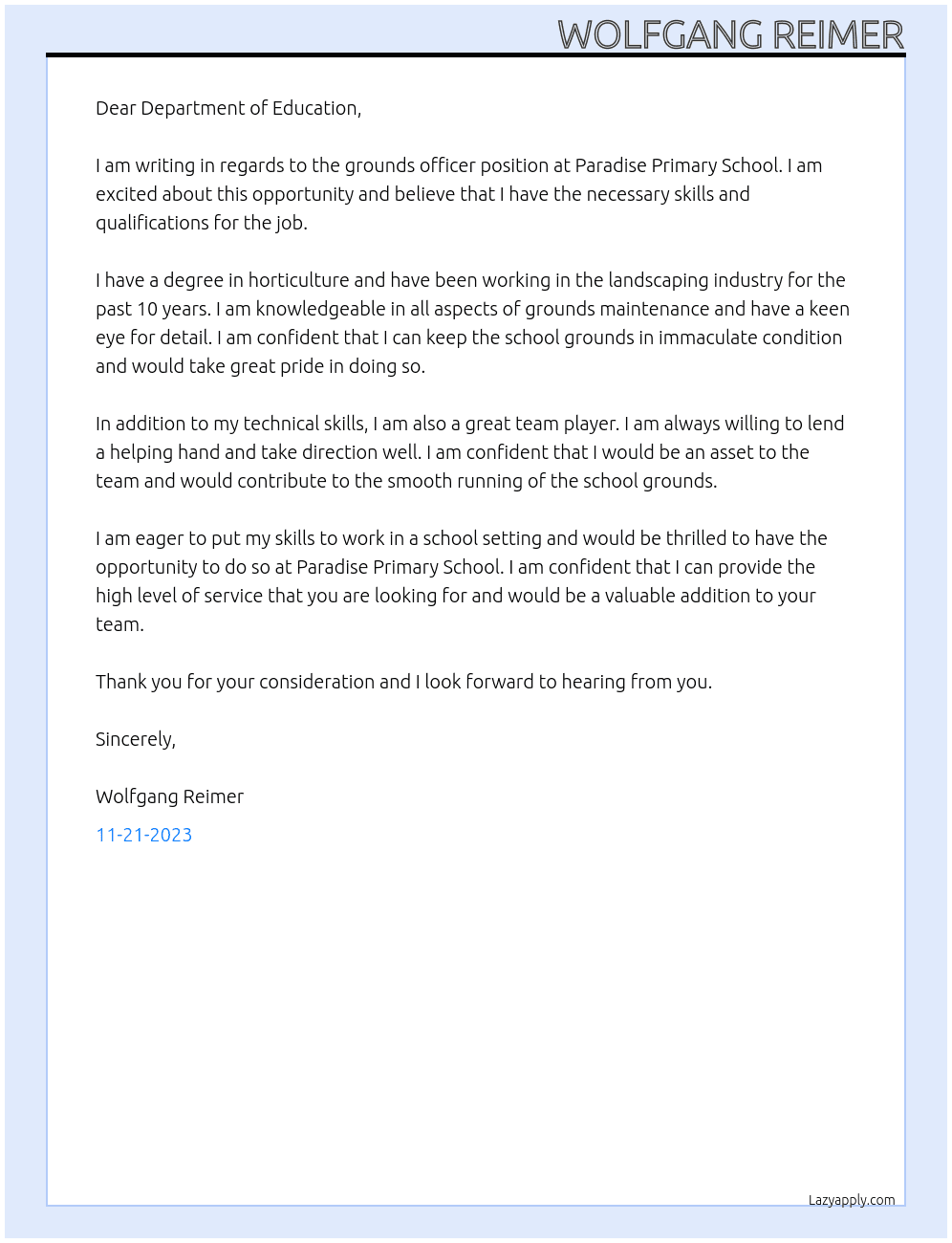 grounds Officer At Paradise Primary School Cover Letter