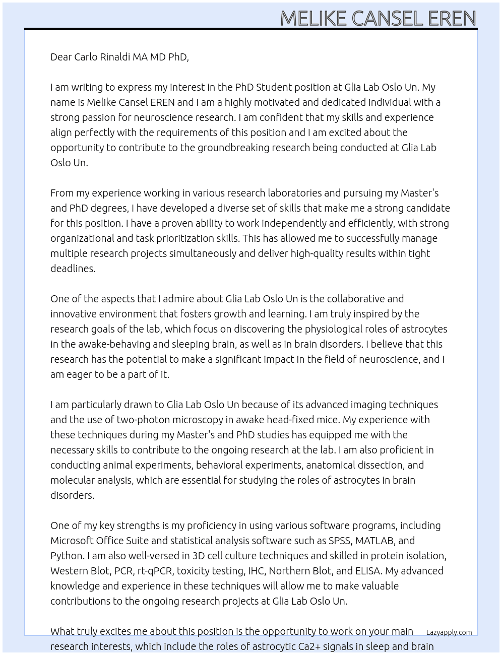 PhD Student At Glia Lab Oslo Un Cover Letter