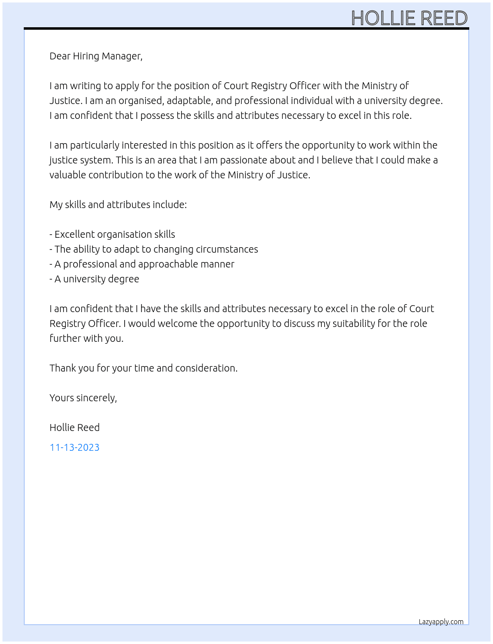 Court Registry Officer At Ministry of Justice Cover Letter
