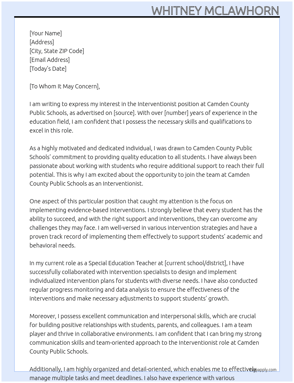 Interventionist At Camden County Public Schools Cover Letter