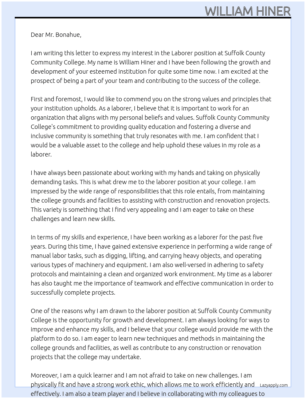 Laborer At Suffolk County Community College Cover Letter
