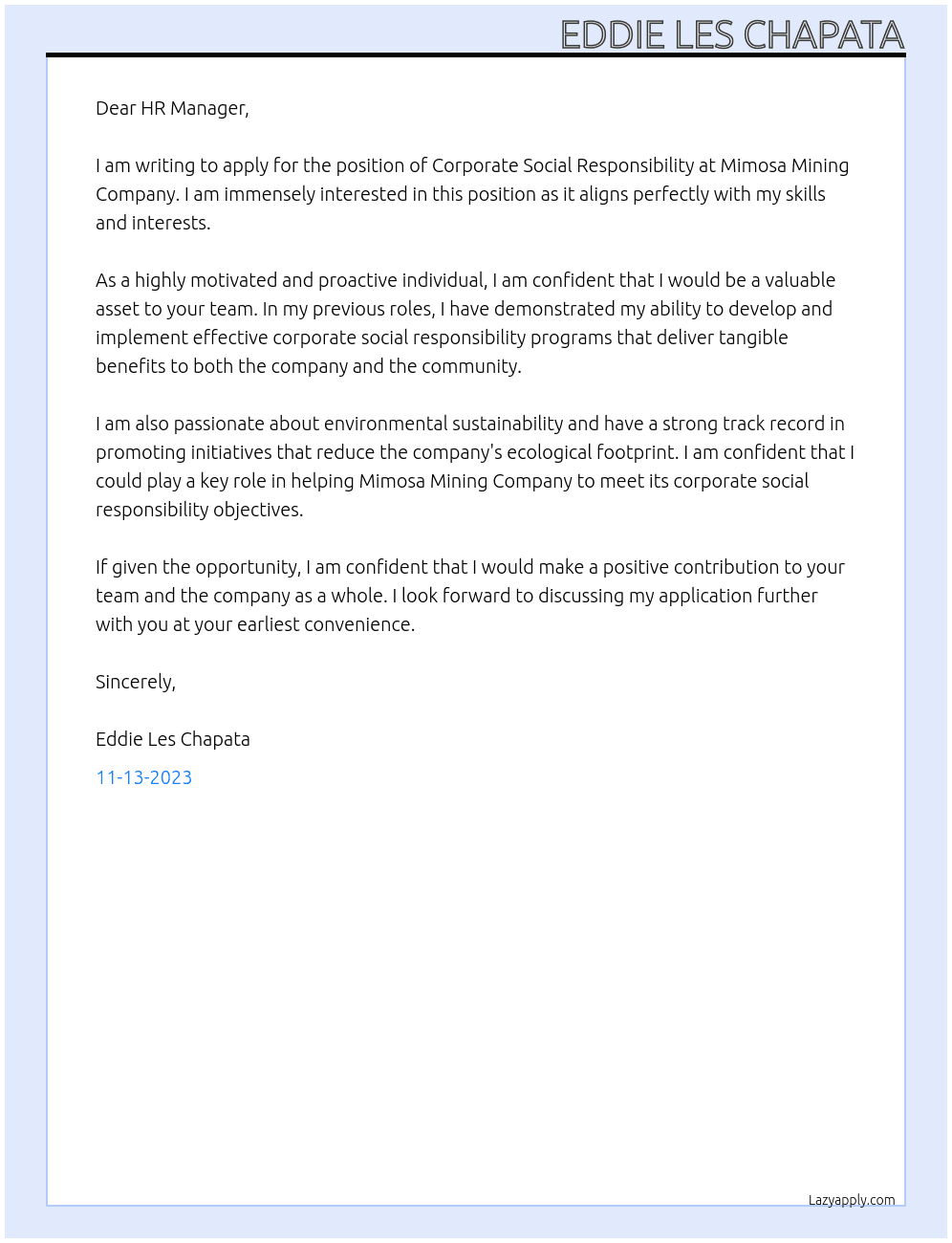 Corporate Social Responsibility  At Mimosa Mining Company Cover Letter