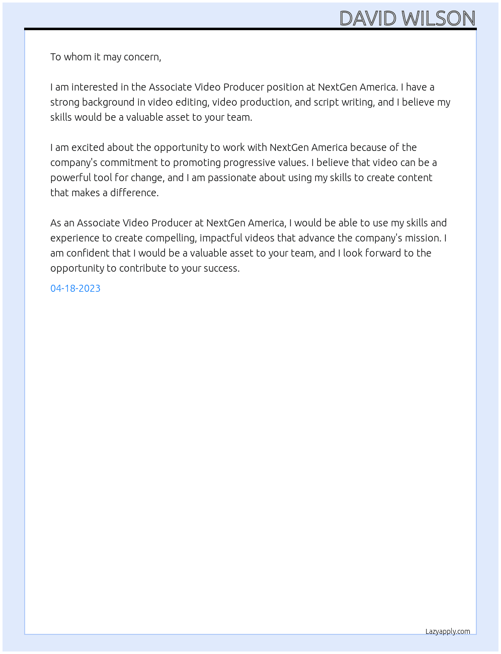 Associate video producer  At NextGen America  Cover Letter