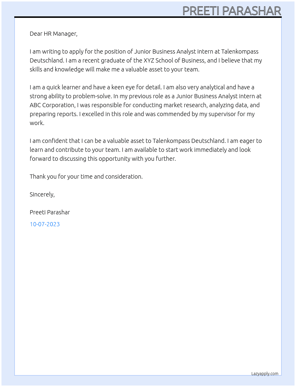 Junior Business Analyst intern At Talenkompass  Deustchland Cover Letter