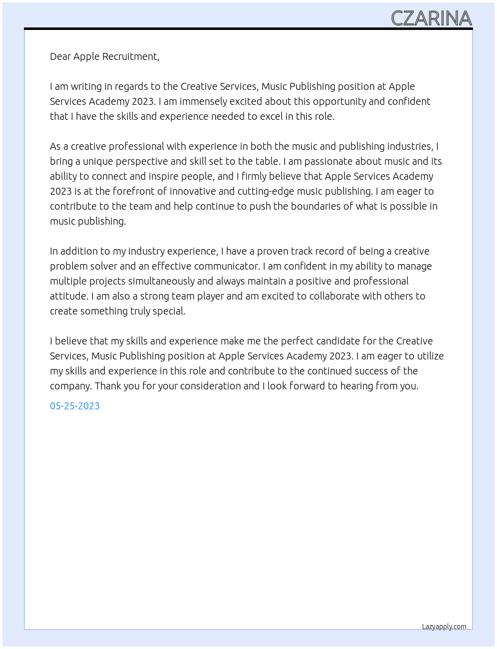 Creative Services, Music Publishing At Apple Services Academy 2023 Cover Letter