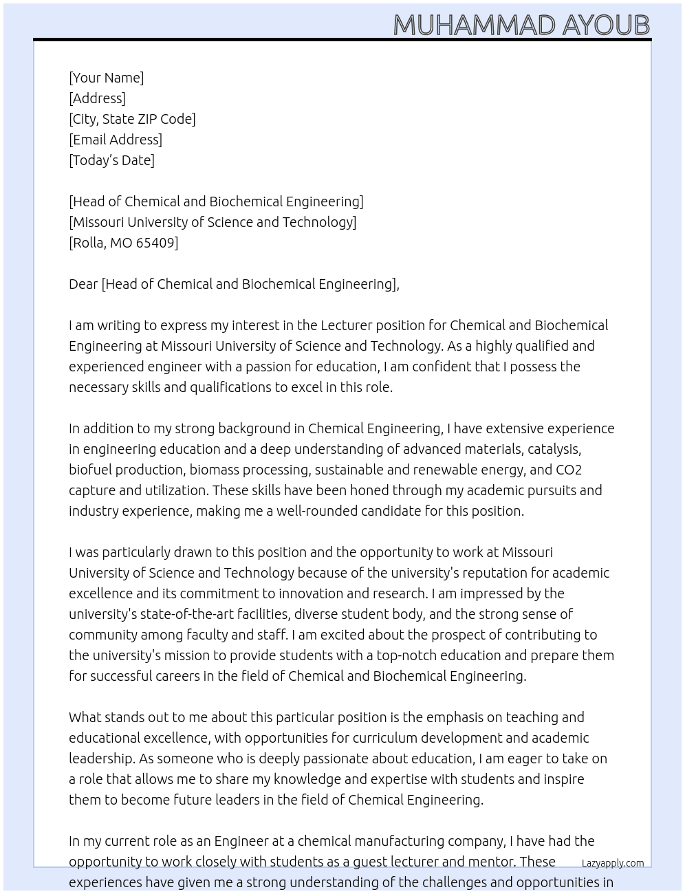 Lecturer - Chemical And Biochemical Engineering #00090901 At Missouri University of Science and Technology, Rolla Cover Letter