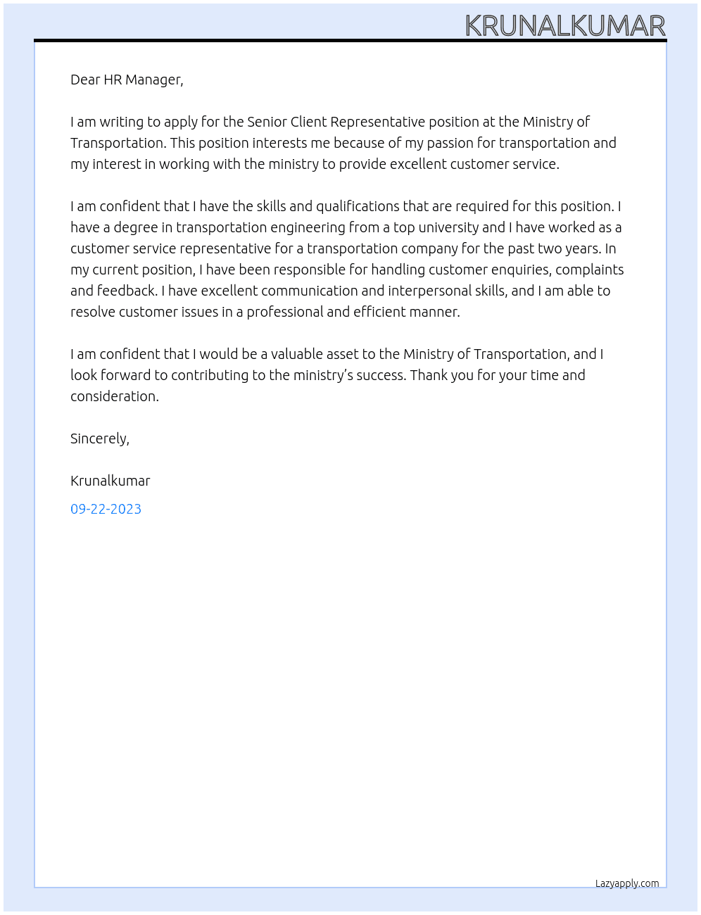 Senior Client Representative At Ministry of Transporattion Cover Letter