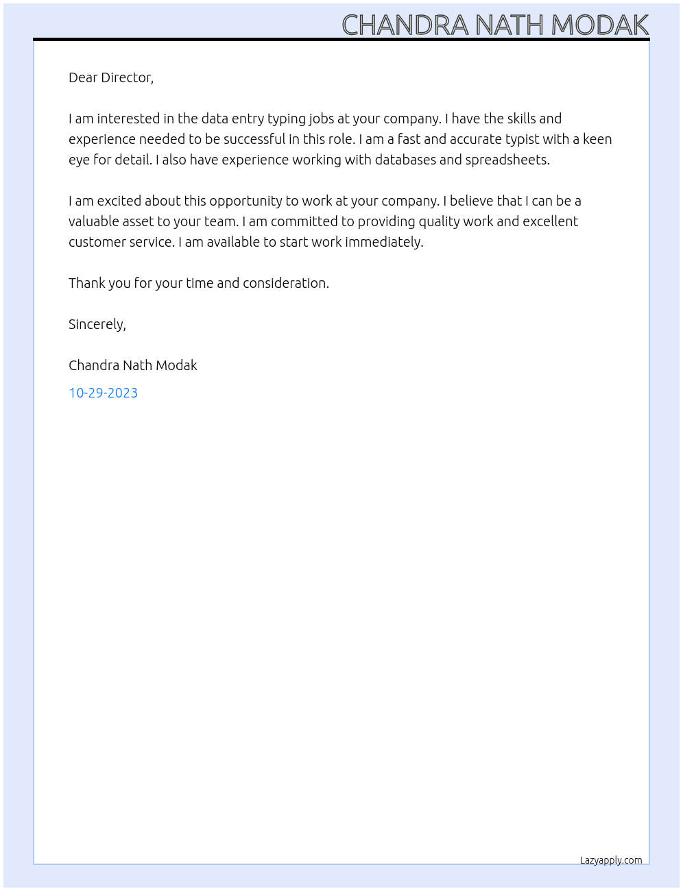 Data Entry typing jobs At bubun Cover Letter