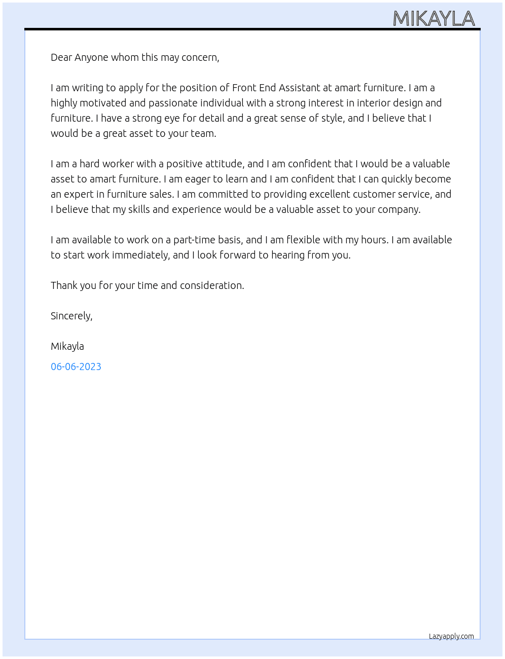  Front End Assistant - Part Time At amart furniture Cover Letter