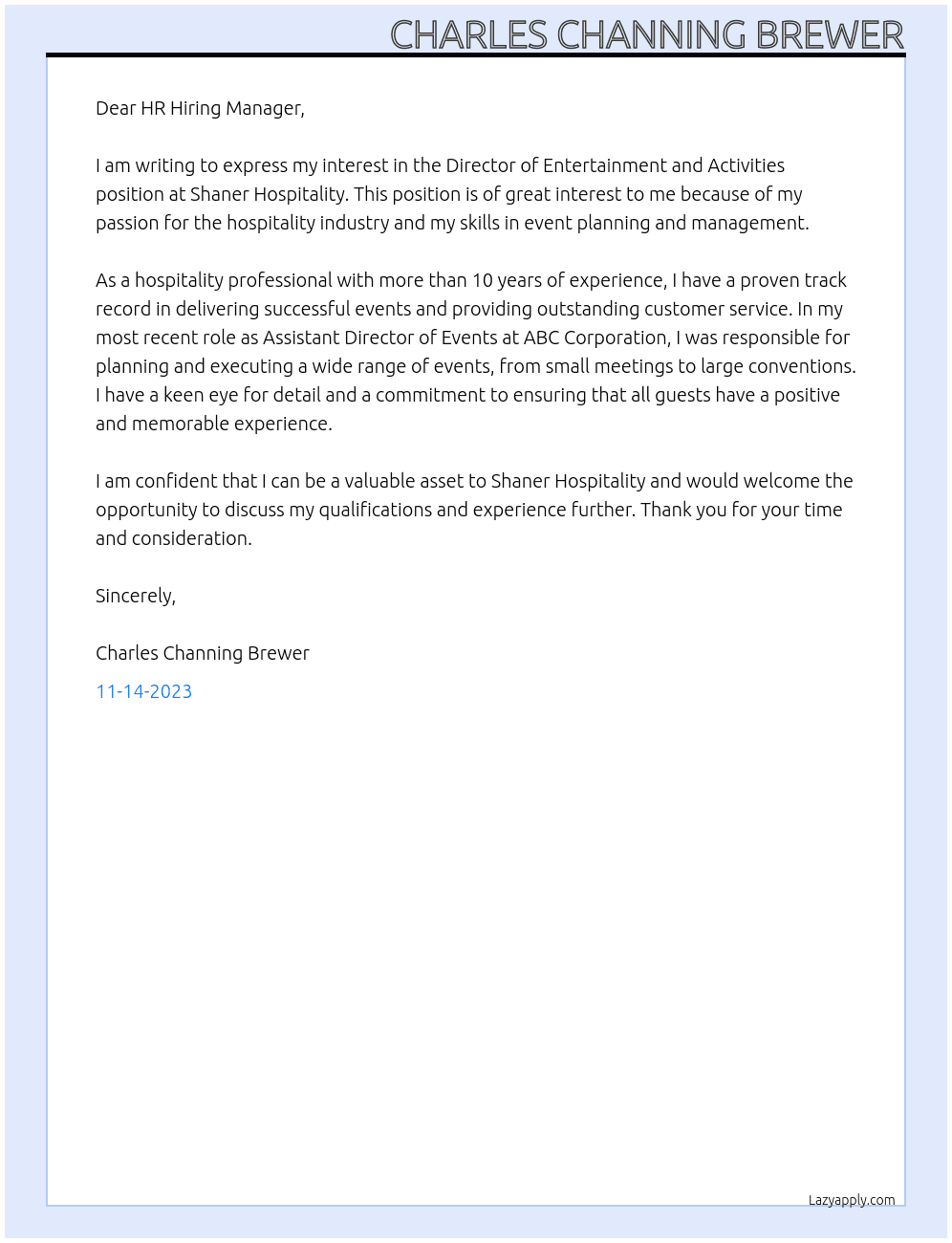 Director of Entertainment and Activities At Shaner Hospitality Cover Letter