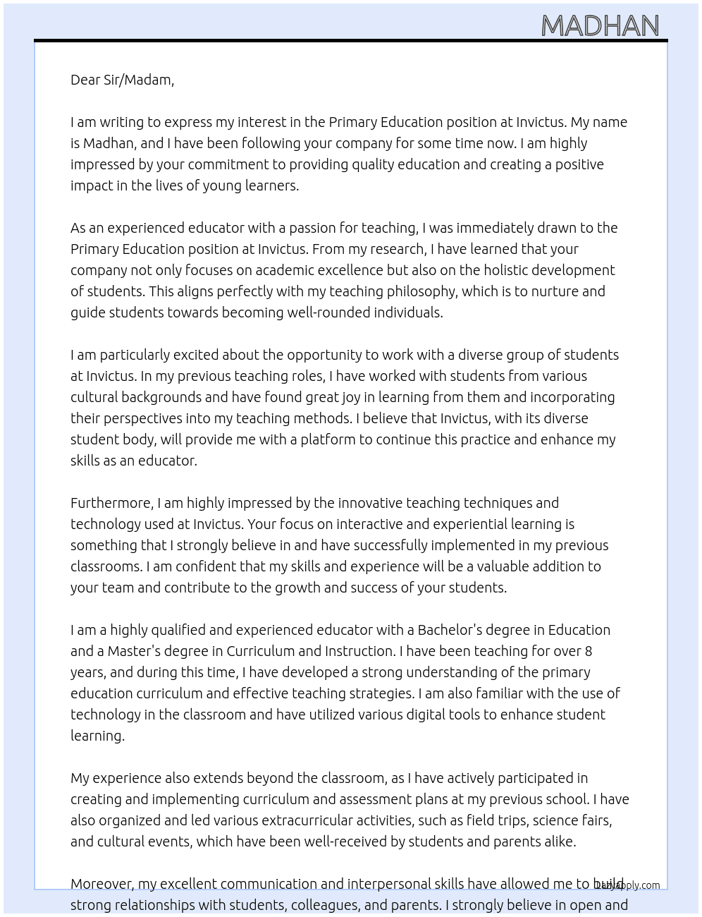 Primary Education  At Invictus Cover Letter