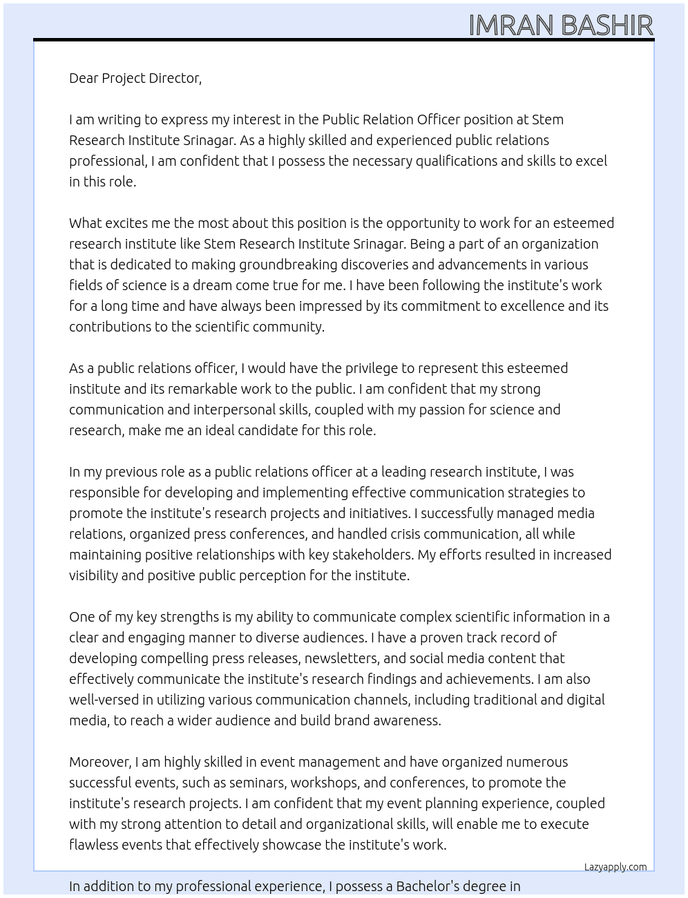 Public relation officer At Stem Research Institute Srinagar Cover Letter