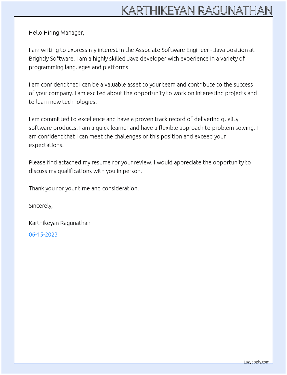 Associate Software Engineer - Java At Brightly Software  Cover Letter