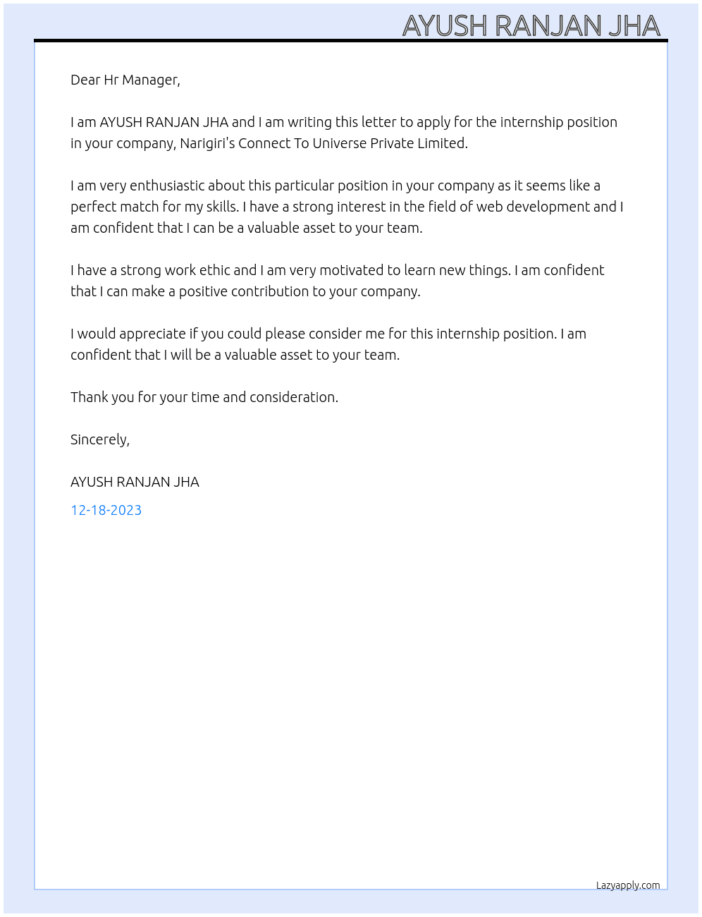 internship At Narigiri's Connect To Universe Private Limited Cover Letter