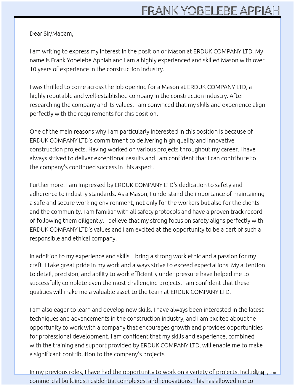 Mason At ERDUK COMPANY LTD  Cover Letter
