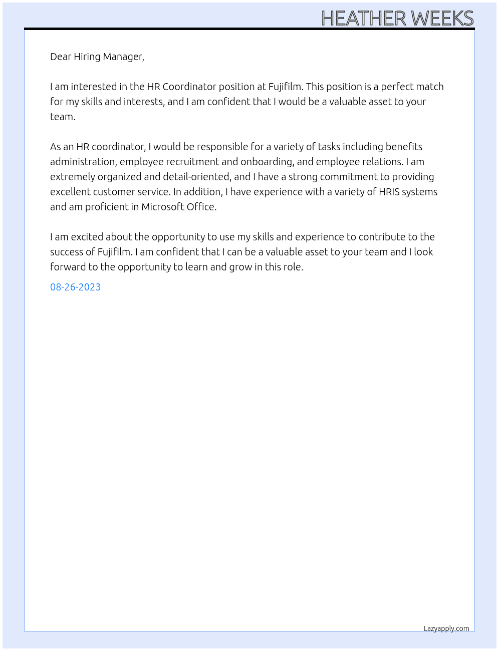 HR Coordinator At Fujifilm Cover Letter