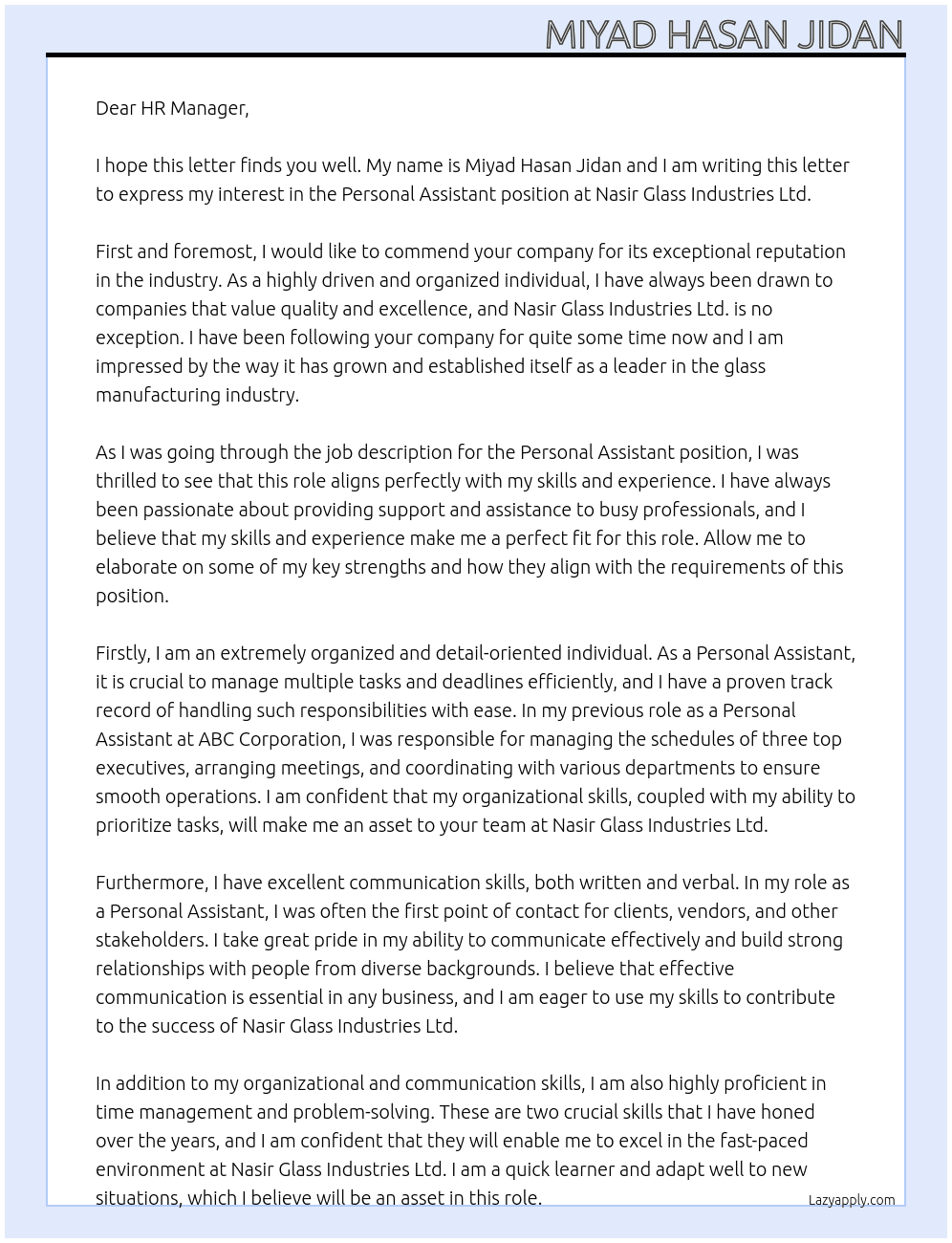 Personal Assistant At Nasir Glass Industries Ltd. Cover Letter