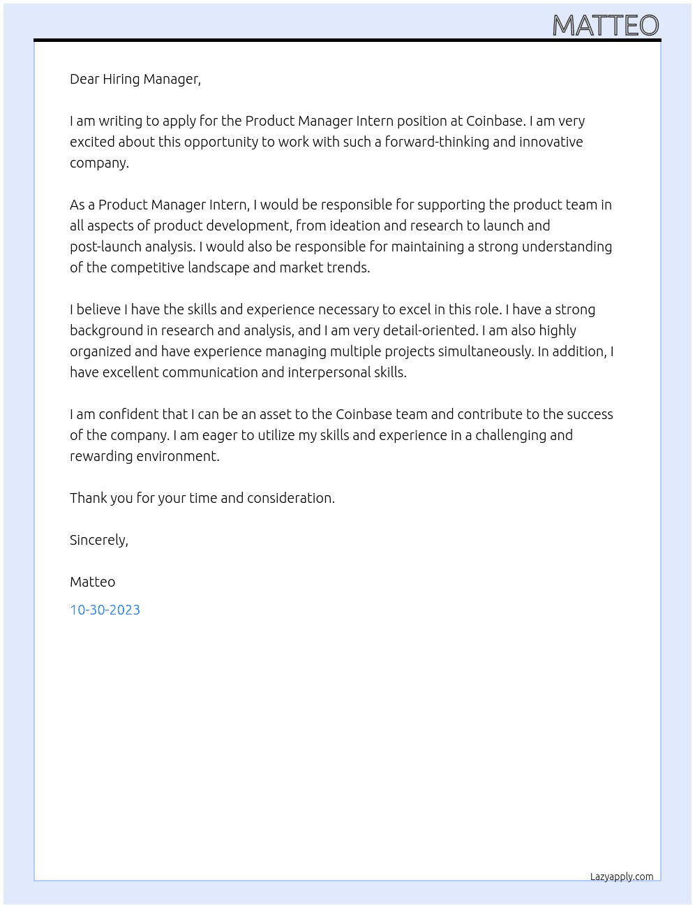 Product Manager Intern At Coinbase Cover Letter