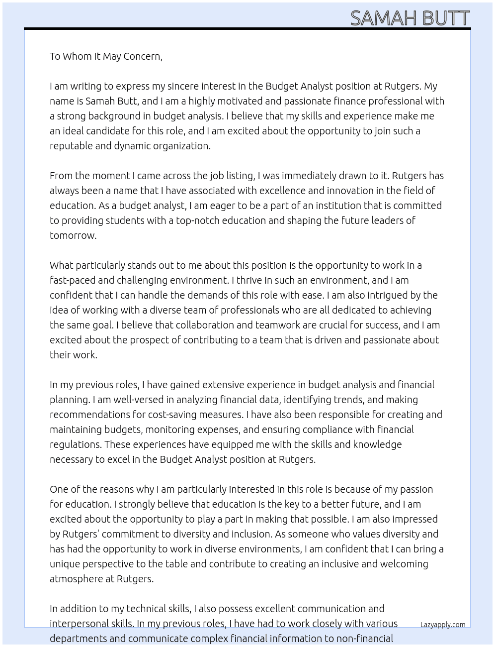 Budget Analyst At Rutgers  Cover Letter