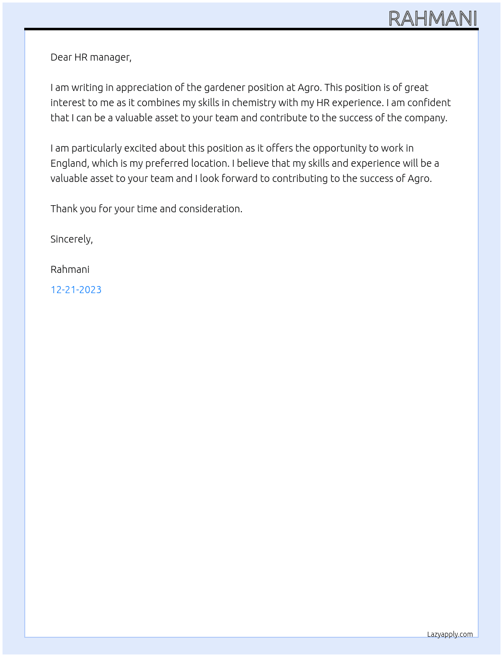 gardener At Agro Cover Letter