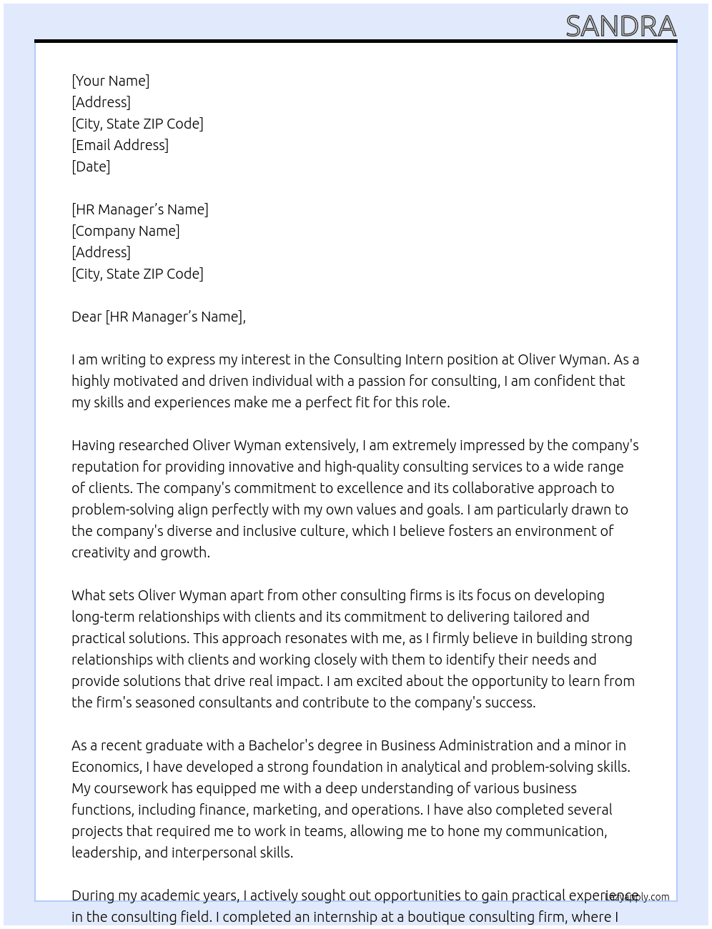 Consulting Intern At Oliver Wyman Cover Letter