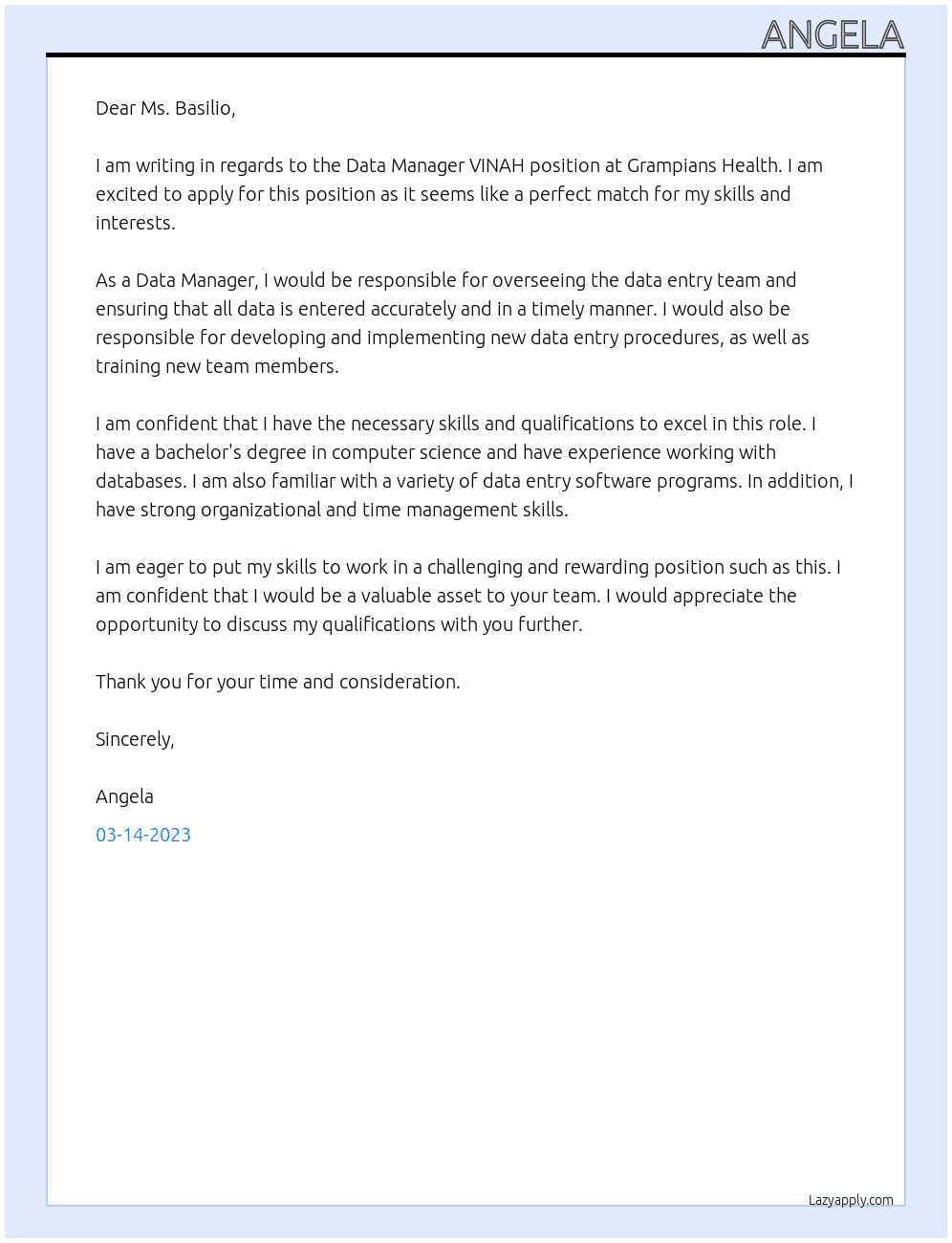 Data Manager VINAH At Grampians Health Cover Letter
