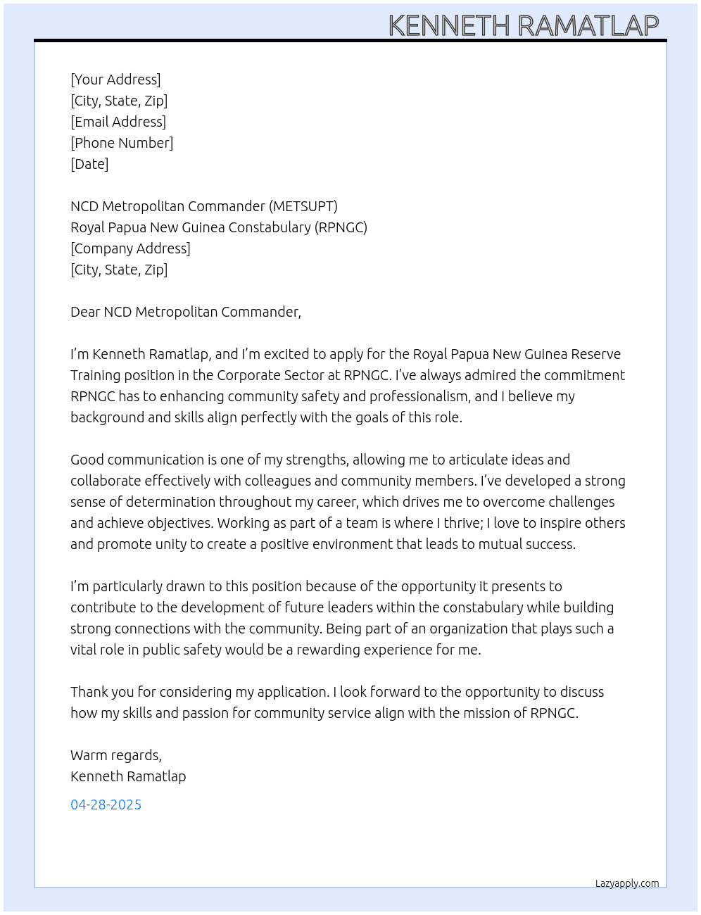 Cover letter for royal papua new guinea reserve training - corporate sector category - LazyApply