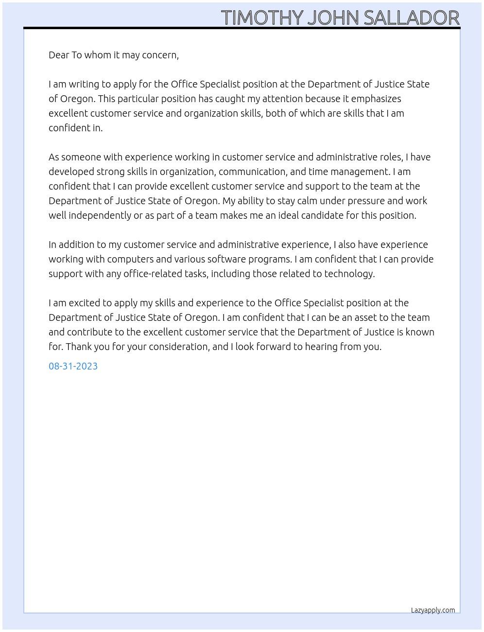 Office Specialist At Department of Justice State of Oregon Cover Letter
