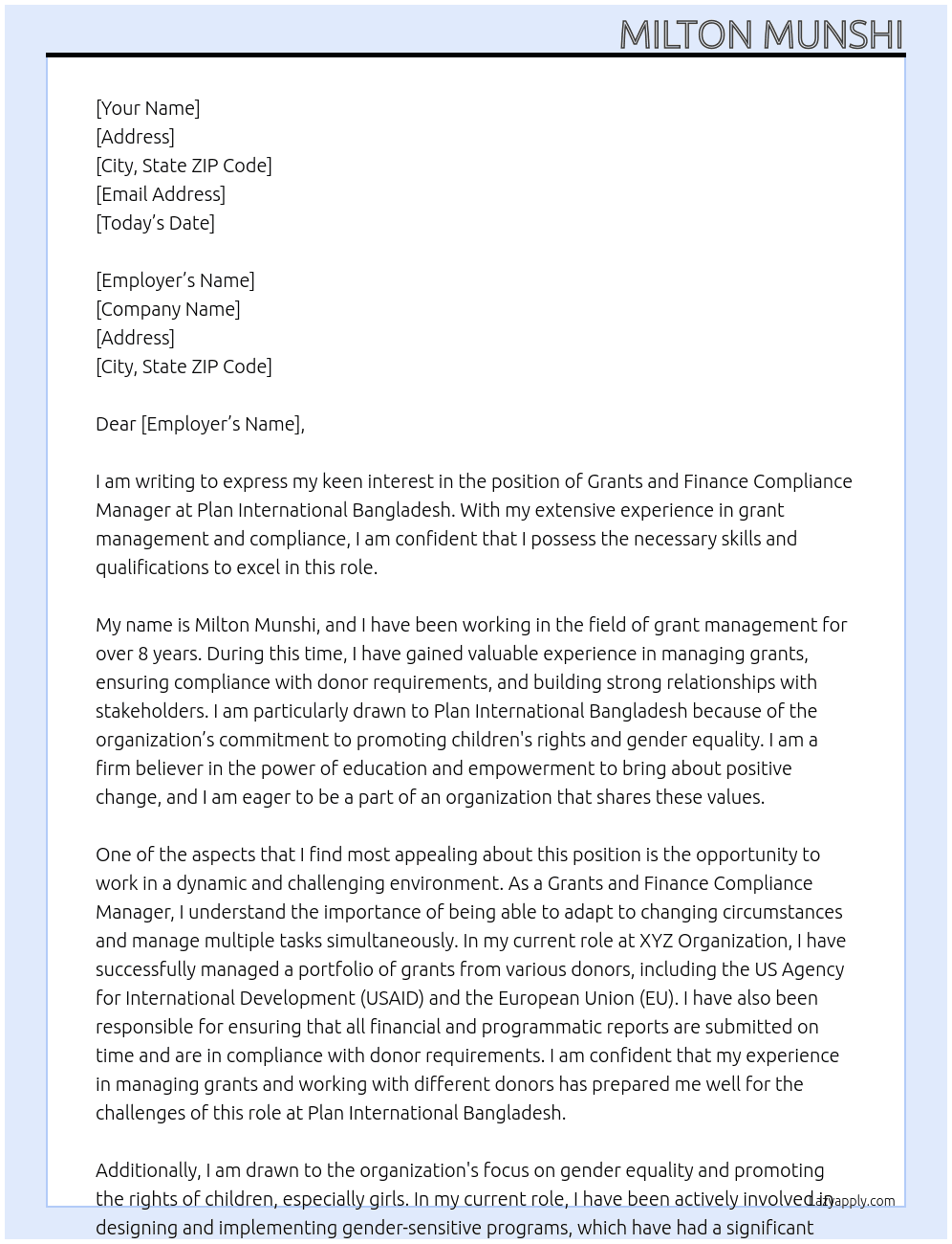 Grants and Finance Compliance Manager’ At Plan International Bangladesh Cover Letter