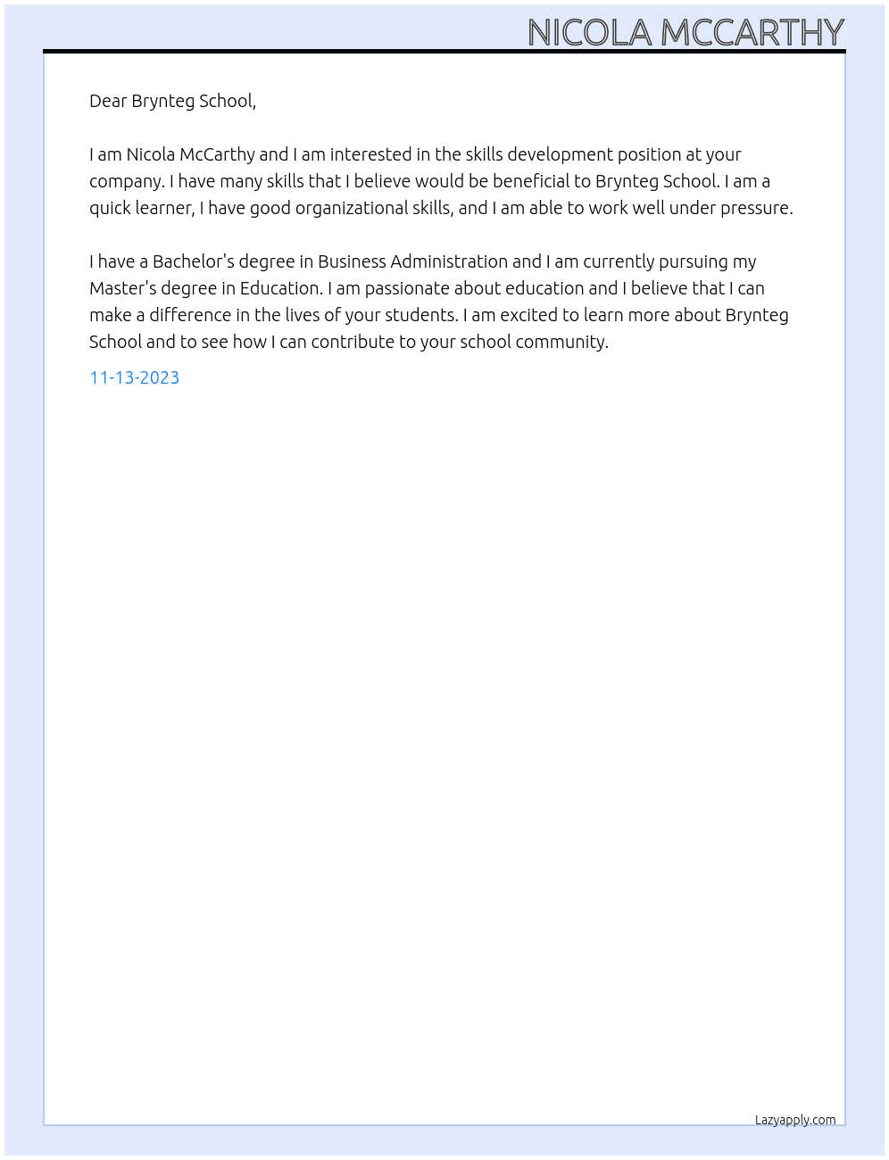 Skills development At Brynteg School Cover Letter