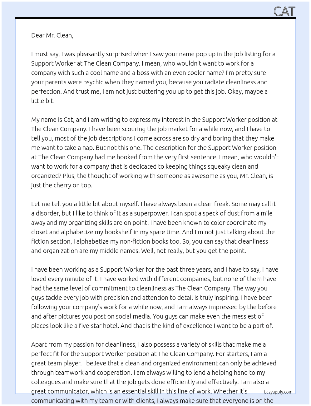 Support worker  At The clean company  Cover Letter