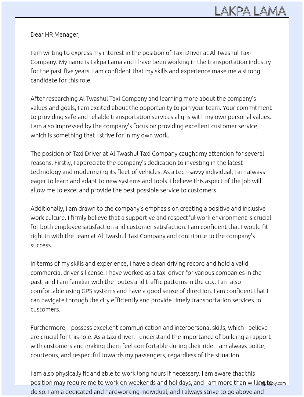 Taxi driver  At Al twashul taxi company  Cover Letter