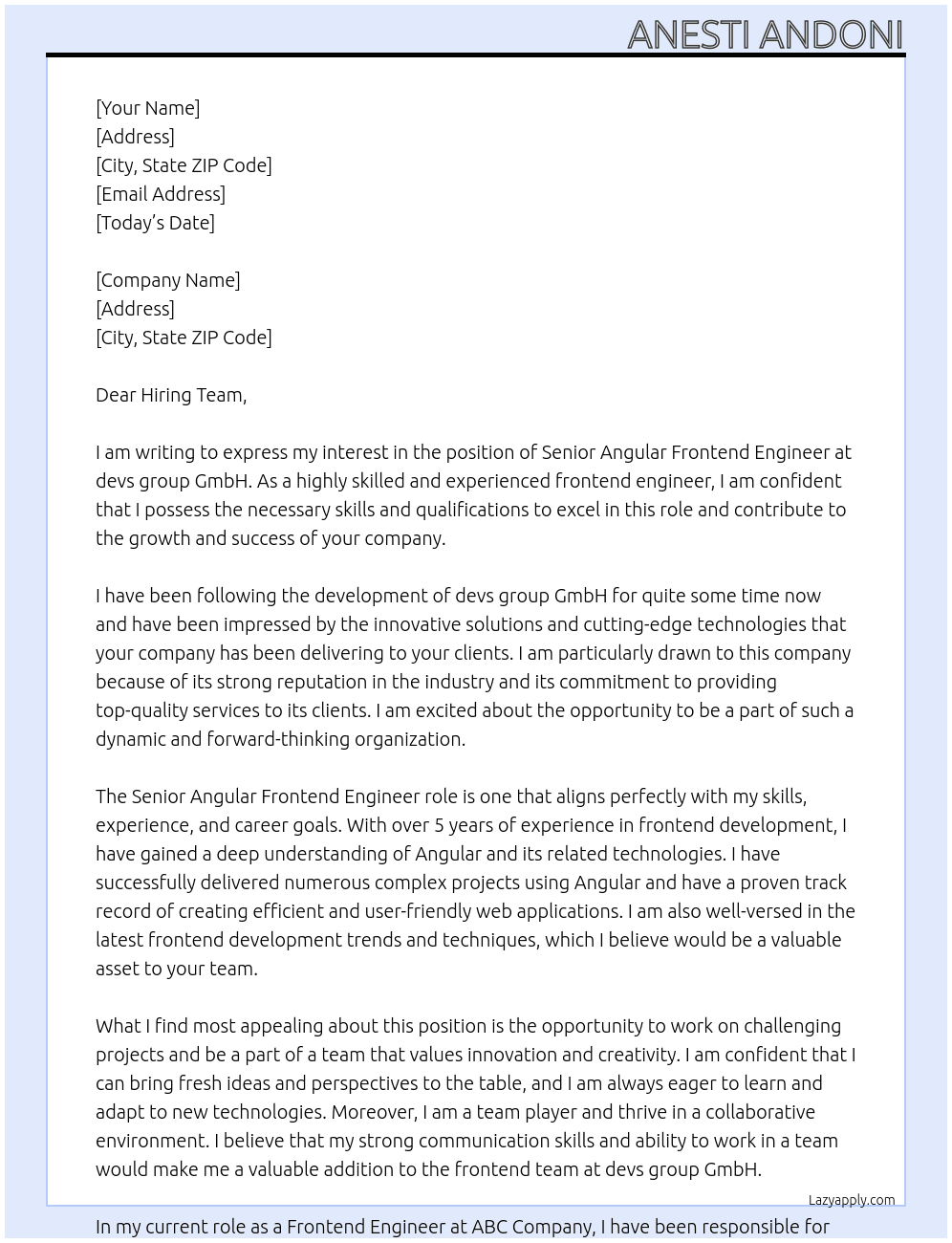 Senior Angular Frontend Engineer At  devs group GmbH Cover Letter